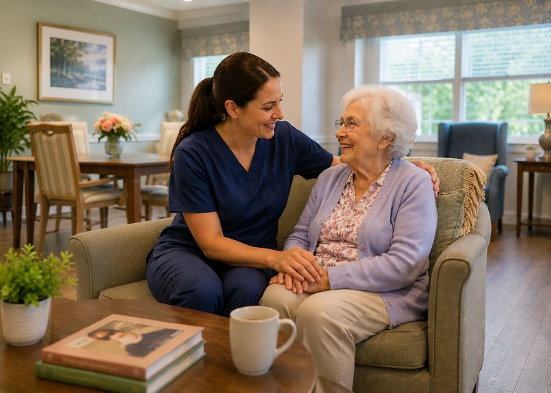 Caring staff with resident at The Waters of McKenzie